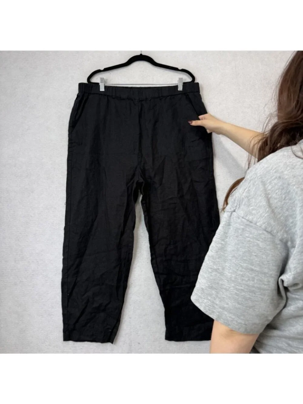 Quince Linen Pants Womens XL Black Cropped Relaxed Elastic Waist Pockets Casual